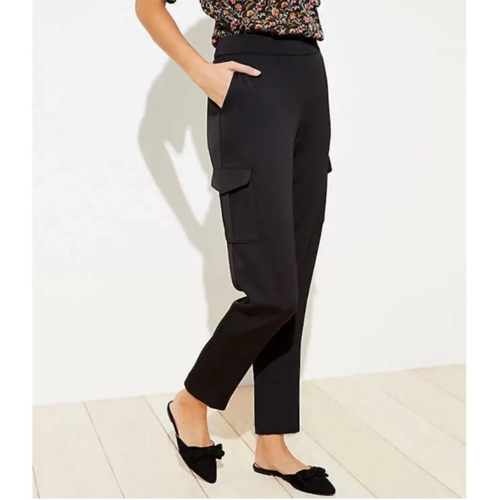 Loft Petite Black Satin Straight Leg Cargo Pants